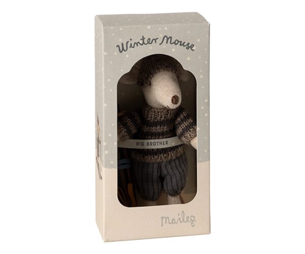 maileg winter mouse big brother with ski set grey