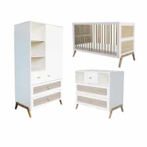 marelia evolutive baby bed+chest of drawers+wardrobe rattan webbing neige