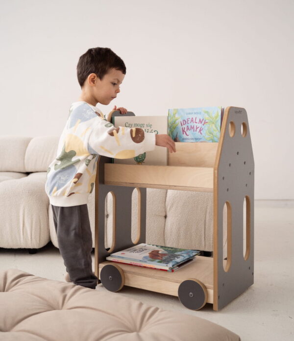 car montessori library shelf grey