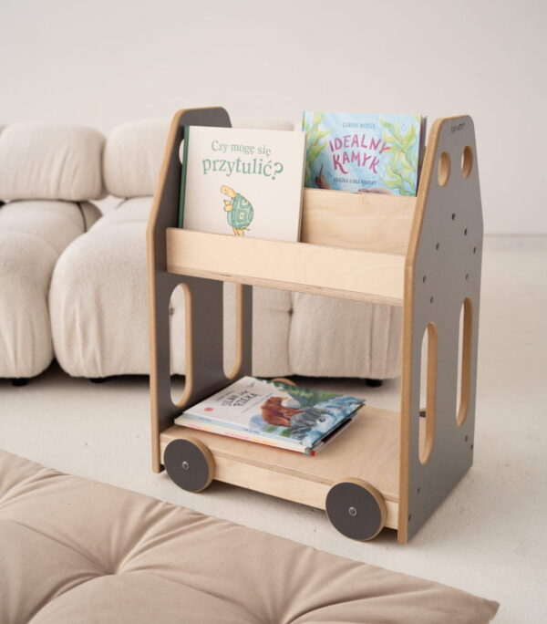 car montessori library shelf grey